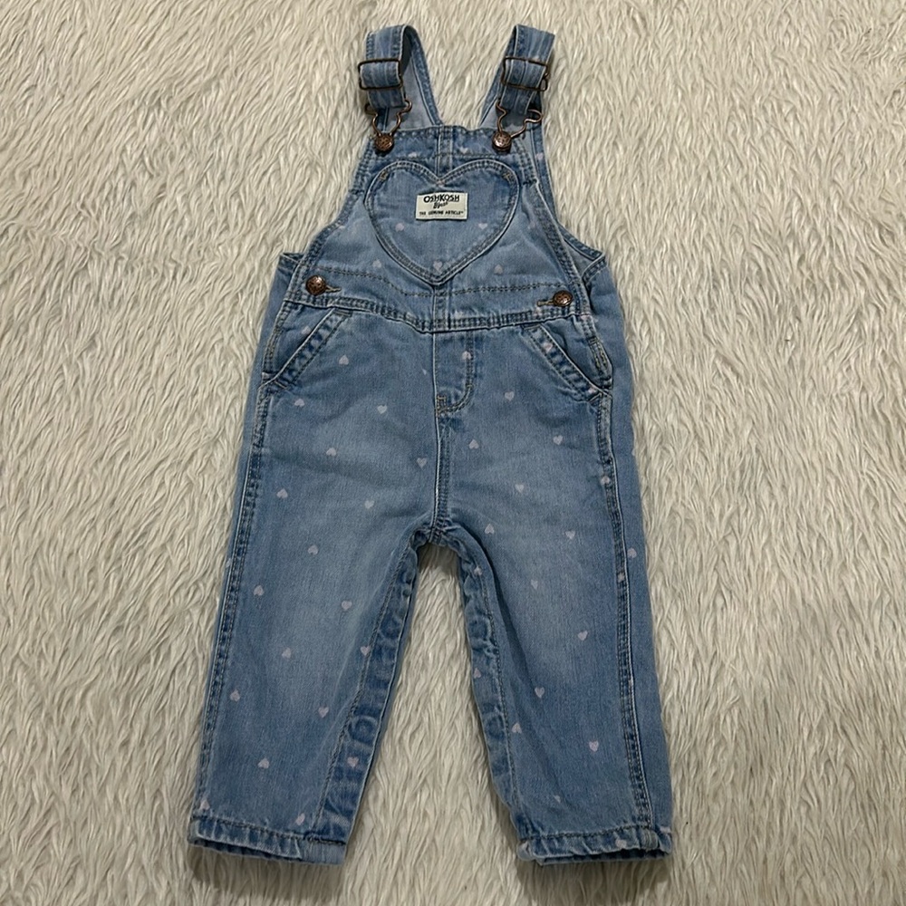 Oshkosh blue denim pink hearts baby girl overalls size 12 months